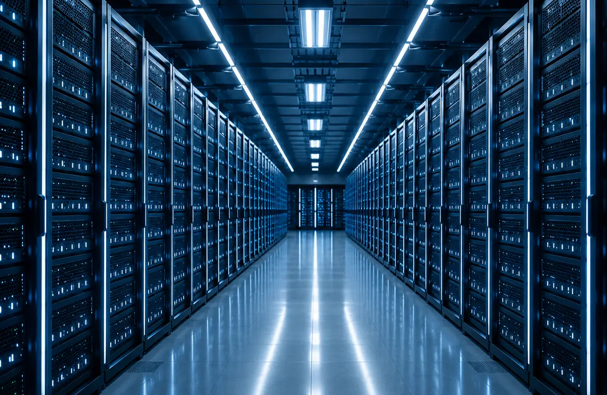Corredor de data center com racks de servidores em luz azul.