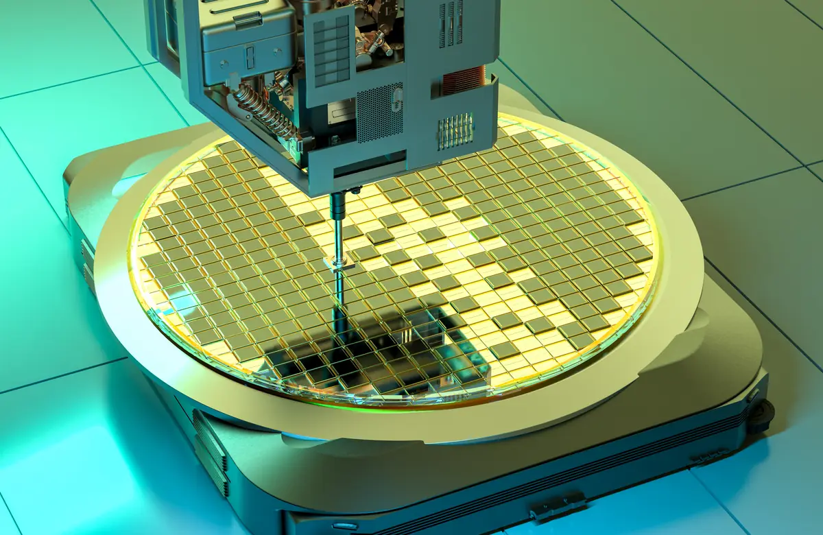 Braço robótico posicionando um wafer de silício na fábrica.
