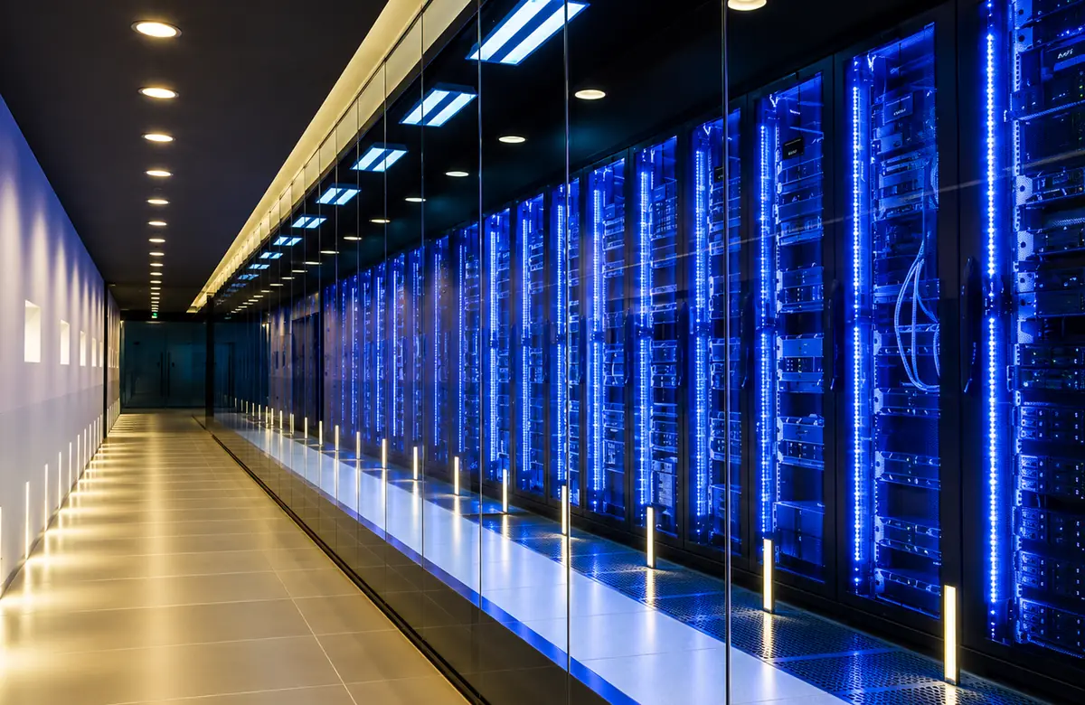Corredor de data center com racks iluminados em azul.